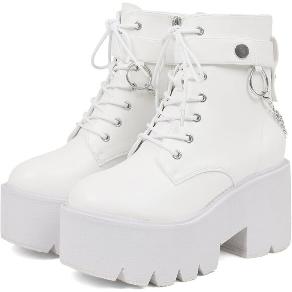 Shoes - Women's Vegan Leather White Chunky Wedge Lace Up & Zipper Ankle Heel Party Boots